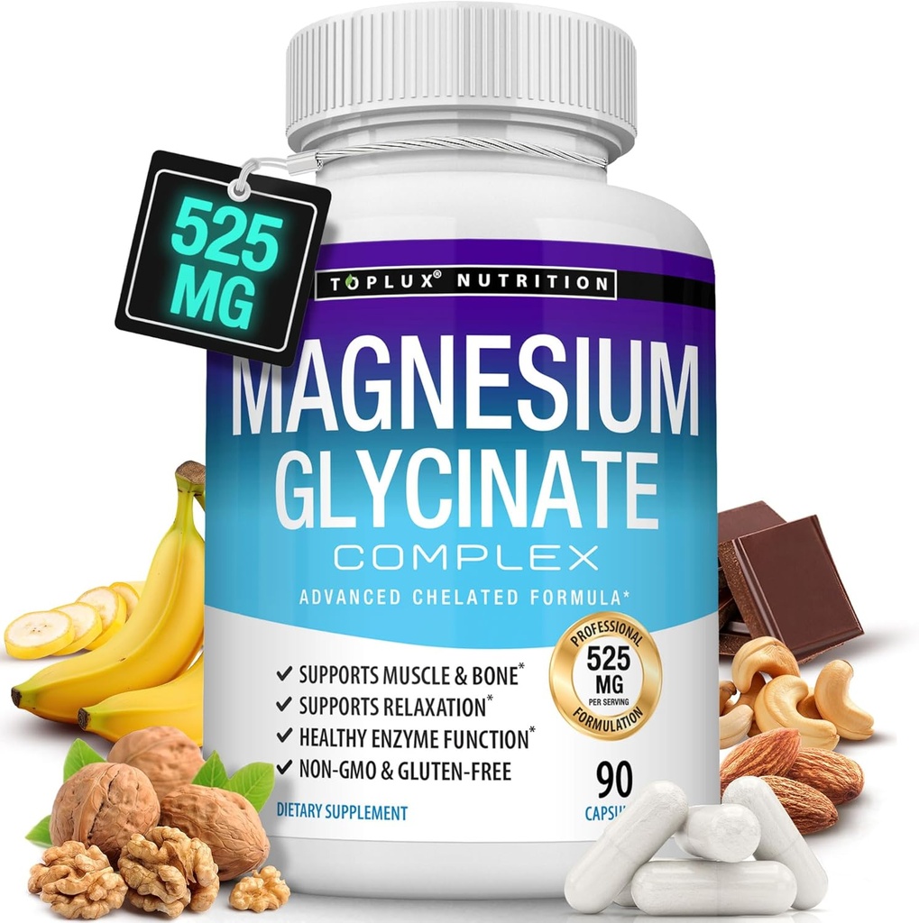 Magnesium Glycinat 525mg - Hohe Absorption Chelat Magnesium-Ergänzung mit reinem Magnesium Glycinat - Unterstützt Muskeln, Schlaf, Krebse, Erholung Bisglycinat Komplex Vegan Non-GMO 90 Kapseln