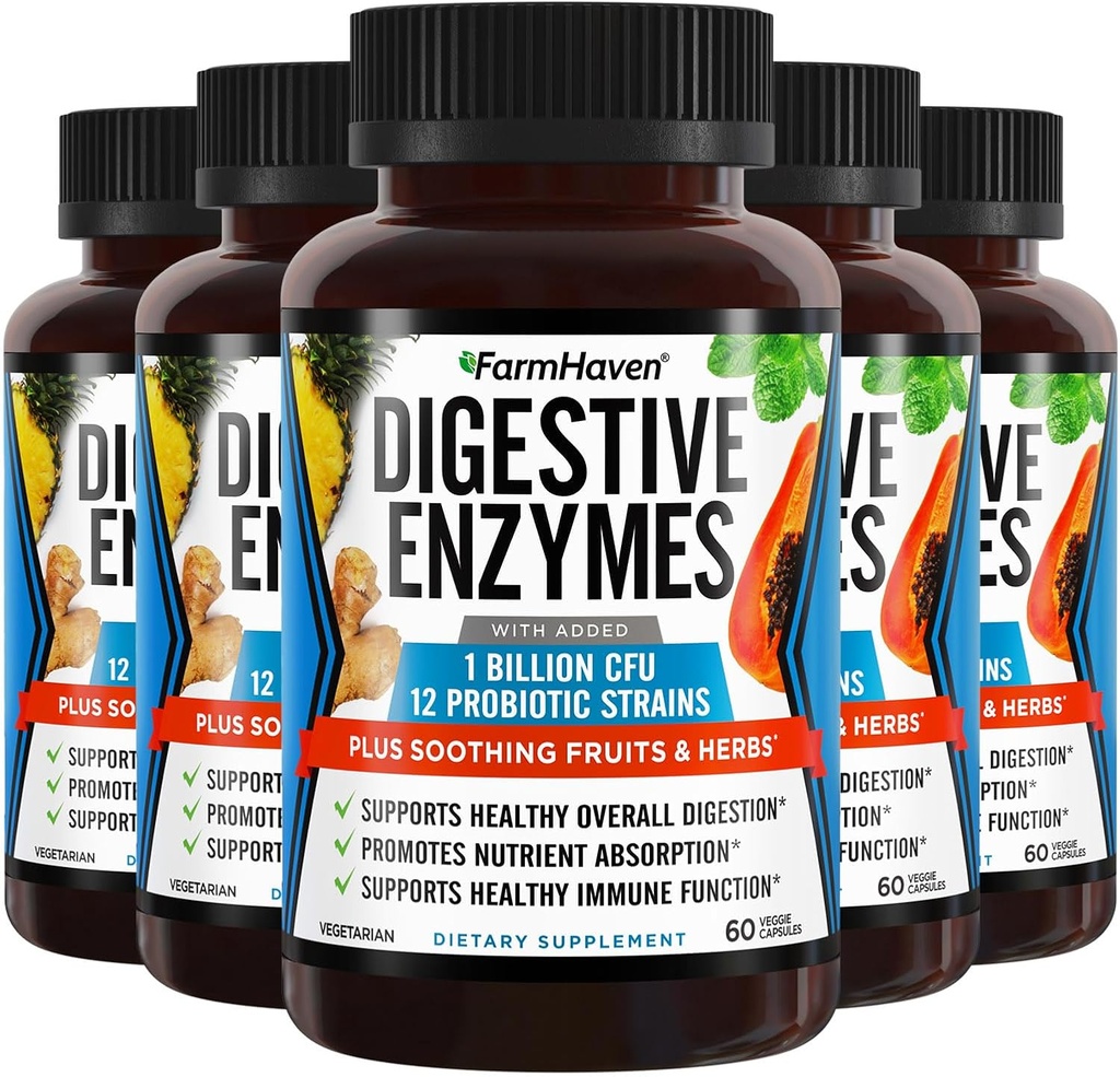 FarmHaven Enzymes digestifs avec 18 Probiotiques & Herbes. Papaya, Bromelain, Protease & More pour Absorption de Lactose & Meilleure Digestion.