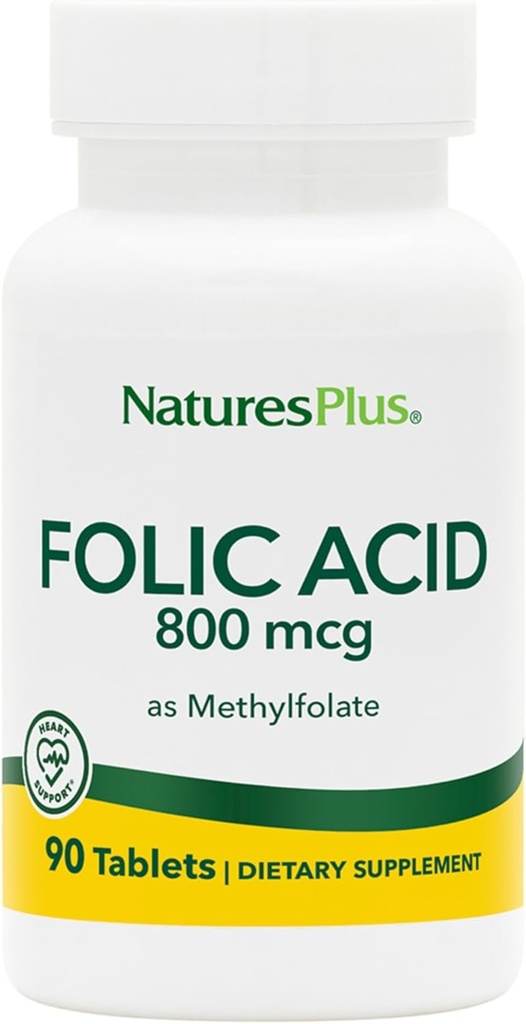 Natures Plus Folic Acid (Methylfolate) - 800 mcg, 90 Vegan Tablets - Supports Healthy Tissue Growth - Vegetarian, Gluten-Free - 90 Servings