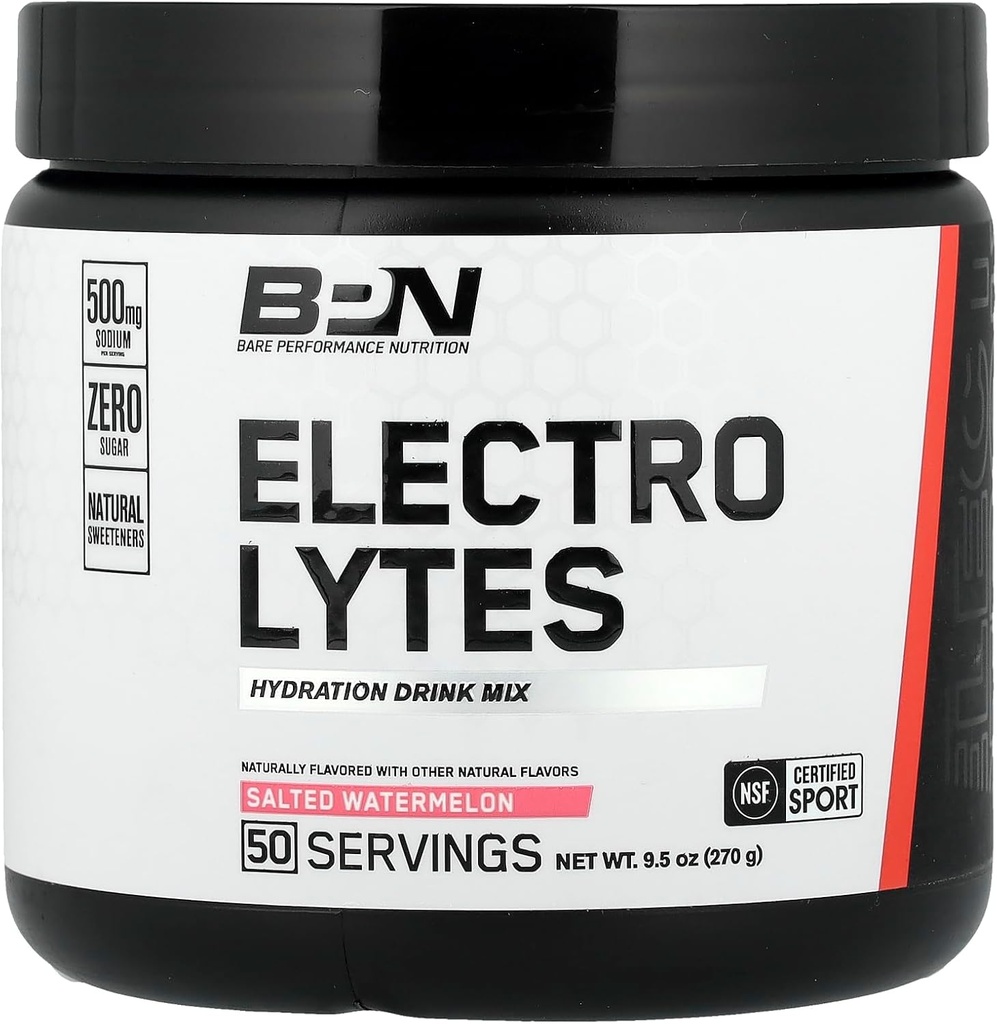 BARE PERFORMANCE NUTRITION BPN Electrolytes Hydration Пити Змішувати цукор безкоштовно Electrolyte Порошок 500mg Sodium для сервірування Природні солодкі солоні кавун, 50 сервірування