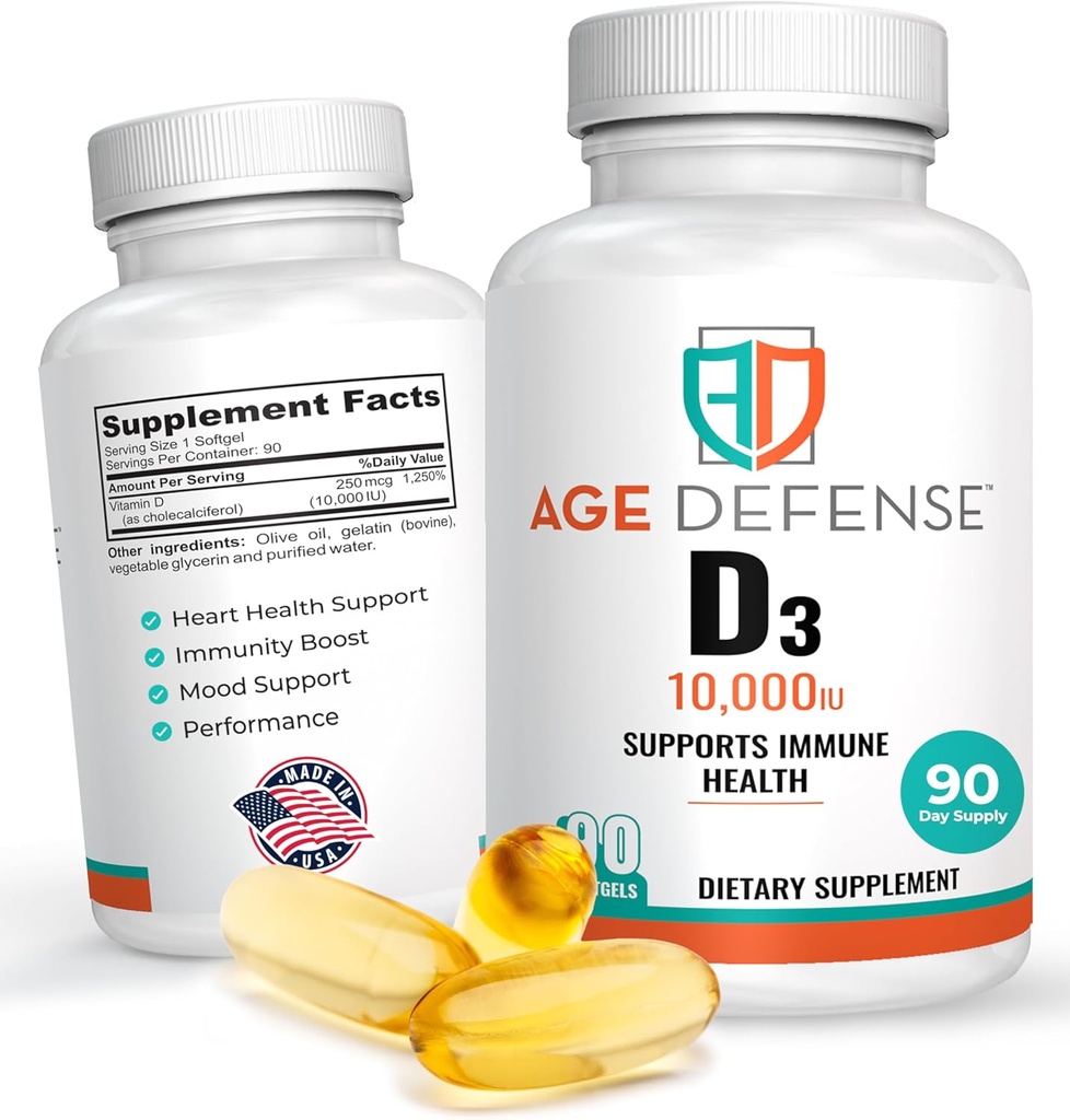 Vitamine D3 10000 UI - 90 Vitamine D 10000 UI Softgels pour la santé cardiaque, le soutien immunitaire, la clarté mentale et le soutien de la fonction musculaire - Comprimés haute dose de vitamine D3 pour les hommes et les femmes- 250 mcg