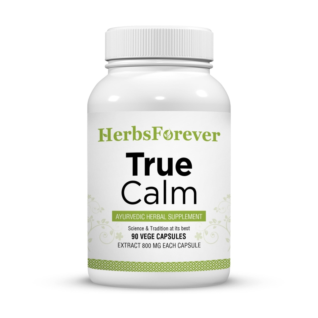 Herbsforever True Calm Capsules Ayurvedic Herbal Formulation Stress Relief Formula Provides Calmness and Comfortable Sleep 90 Vege Capsules 800 Mg Each