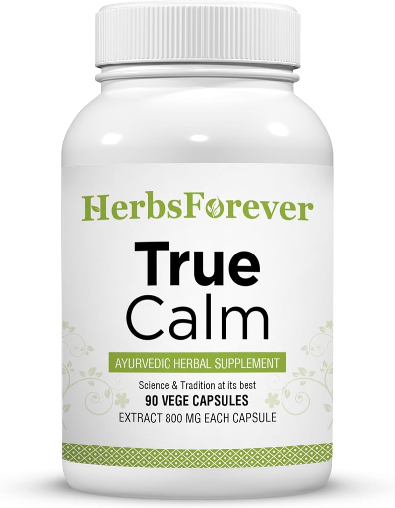 Herbsforever True Calm Kapselit Ayurvedic kasviperäisten Formulation Stressi Relief Formula tarjoaa rauhallisuutta ja mukavaa unta 90 kasvis Kapselit 800 Mg Jokainen