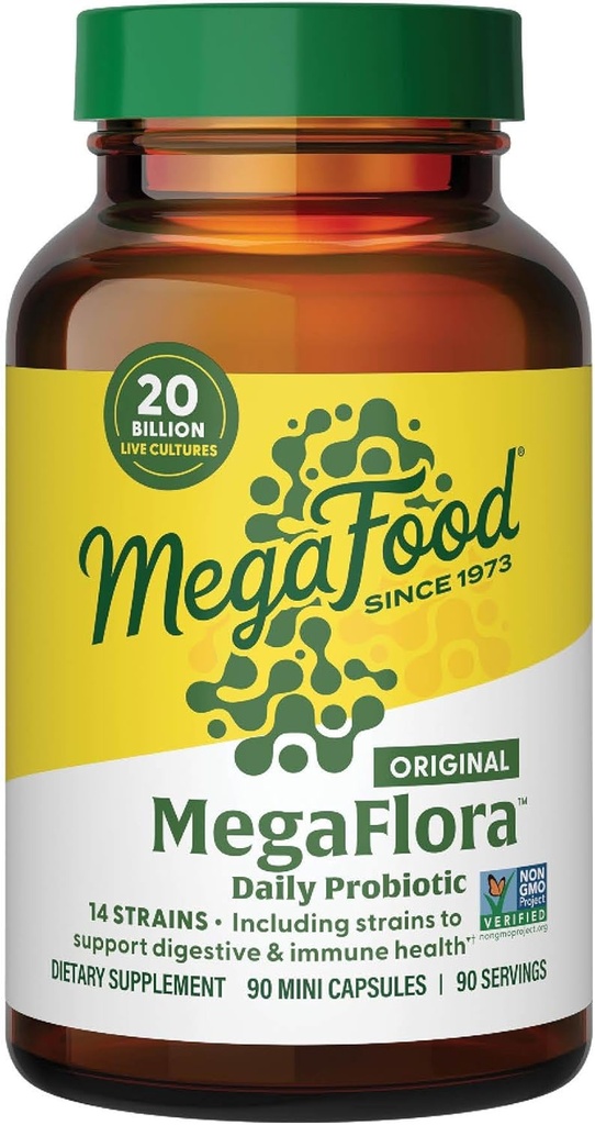 MegaFood MegaFlora Probiótico - Probióticos para a Saúde Digestiva da Mulher - Suplemento de suporte imunológico - 20 bilhões UFC - 14 Strains - Não-GMO - Vegetariano - 90 Mini Cápsulas (90 Servings)