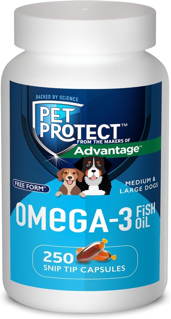 Pet Protect M/L Dog Omega-3 Supplement, Proprietary Free Form Blend, stöder ett normalt inflammatoriskt svar, Snip-Tip Capsules (250 greve)