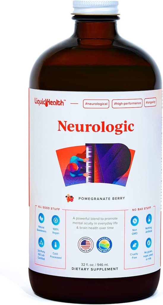 LIQUIDHEALTH Supplément de focale neurologique - Supplément nootrope boosteur de cerveau pour la fonction cognitive, la mémoire et le focus avec Ginkgo Biloba, Choline, L-Theanine et Phosphatidylsérine - USA Made (32 oz)