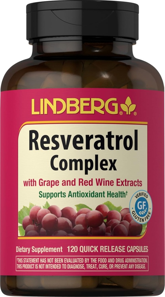 Lindberg Resveratrol Supplemen 124; 120 Capsules 124; Kompleks dengan Benih Anggur Grape dan Red Extract 124; Non-GMO, Gluten Bebas