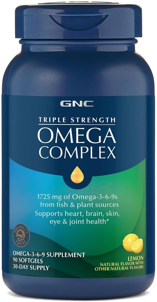 GNC Triple Strength Omega Complex Omega 3, 6, 9 Supplement, 1725mg, Lemon Flavor, Supports Heart, Brain, Skin, Eye and Joint Health, 90 Softgels