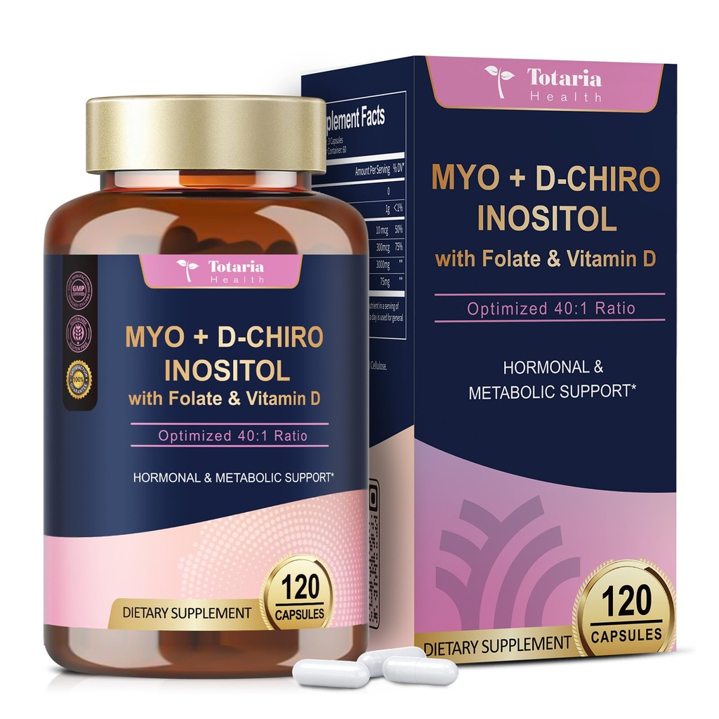 Totaria Myo-Inositol & D-Chiro Inositol Supplement Capules 3075mg, Plus Multivitamin Vitamin D3, Folate, Ideal 40:1 Ratio - Hormonal Balance for Women & Ovarian* Support | Vegan, Non GMO - 120 Caps