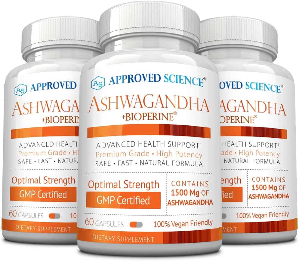 Approved Science Ashwagandha 1500mg with Bioperine® and Ginger- Boost Mood & Energy - 60 Vegan Friendly Capsules (3 Bottles)