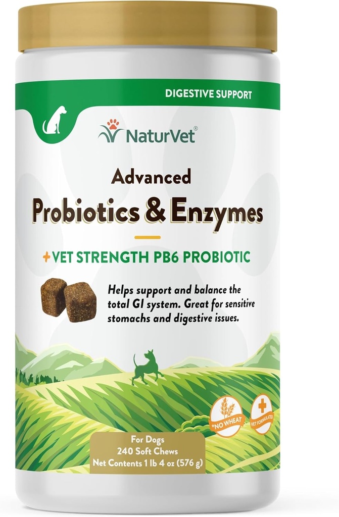NaturVet 高级Probiotics & Enzymes, PB6 狗软嚼子帮助敏感胃和消化问题, Hickory 烟熏培根 Flavored Pet Supplement for Dogs over 6 Weeks, 240 Count Jar