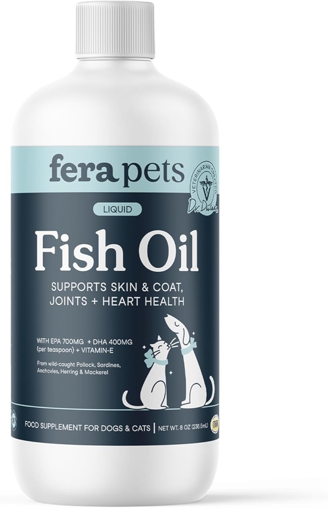 Fera Pets Fish Oil - Omega 3 pre psy a mačky na podporu kĺby, srdce, koža a zdravie kože - Non GMO s vitamínom E - 8 oz