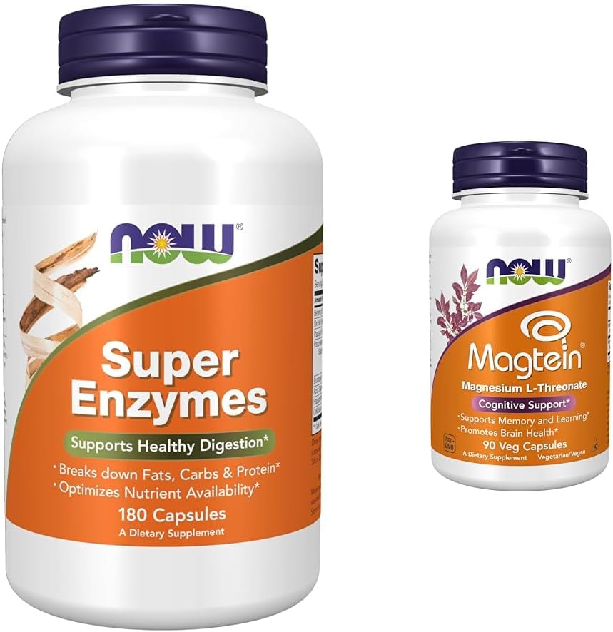 NOW Integratori, Super Enzimi, Formulati con Bromelain, Ox Bile, Pancreatin e Papain,180 Capsule & Supplementi, MagteinTM con forma brevettata di Magnesio (Mg), Supporto cognitivo*, 90 Capsule Veg