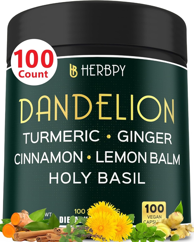 Dandelion Root Supplement 7500mg 6in1 voor spijsvertering, hartgezondheid & Immune - gemengd met gember, turmeric curcumin, Ceylon kaneel, citroenbalsem & Heilige Basil - 100 Dandelion Capsules