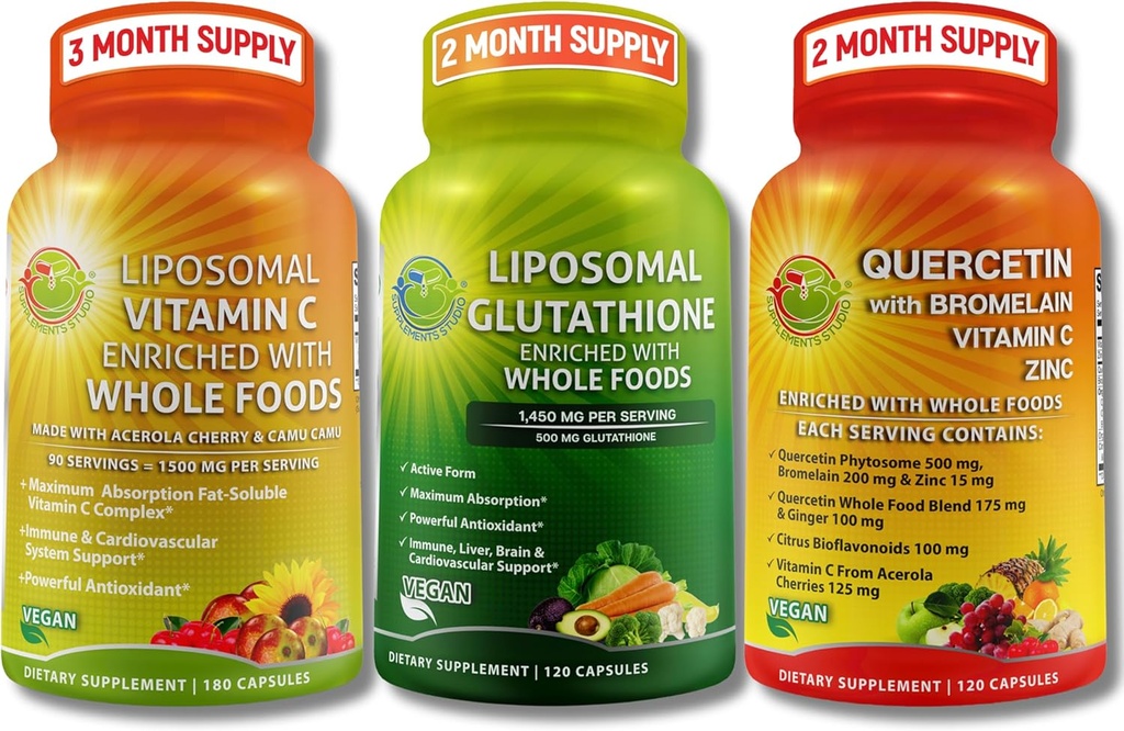 Täydellinen kasviperäinen antioksidantti ja immuunituki Bundle - Liposomal C 1500 mg + Liposomal Glutatione 500 mg + Quercetin ja bromeliinin, sinkki & C-vitamiinin Vegaani, tehostettu imeytyminen Formula