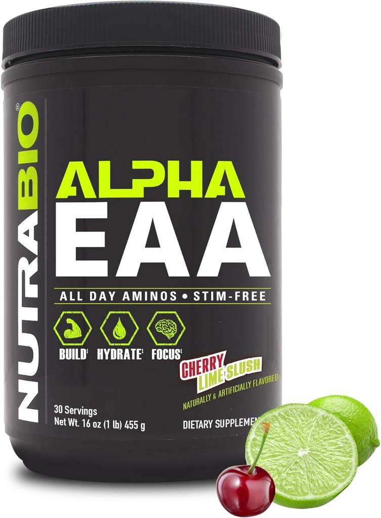 NutraBio Alpha EAA - Acids all- Day Amino for Muscle Growth and Hydration - Esential Amino Acids with Nootropics & Adaptogens- Full Spectrum EAA BCAA Powder - 30 Servings - Cherry Lime Slush