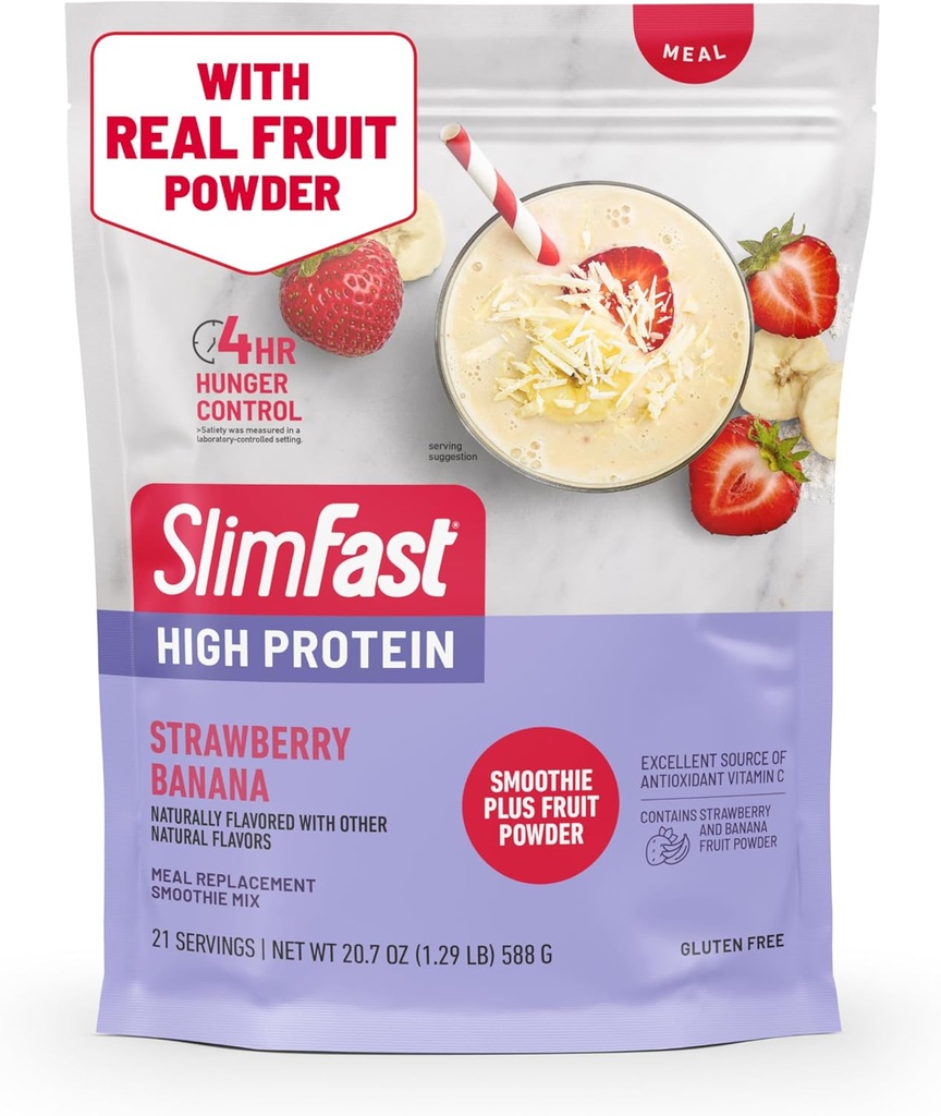 SlimFast High Protein Smoothie Mix Plus Fruit Powder, High Protein Meal Replacement Popper, Fiber, Vitamin C, 21 Servings, 1.29 Pounds, Strawberry Banana (Packing May Vary)