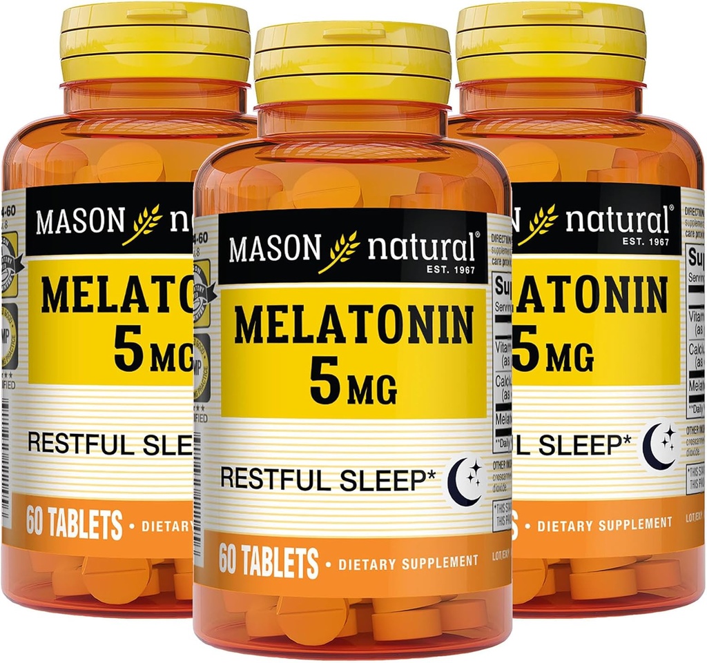 MASON NATURAL Melonatin 5 mg dengan B6 dan Kalsium - Bantuan Tidur Natural, Dukungan Tidur Sehat & Istirahat, 60 Tablet (Paket 3)