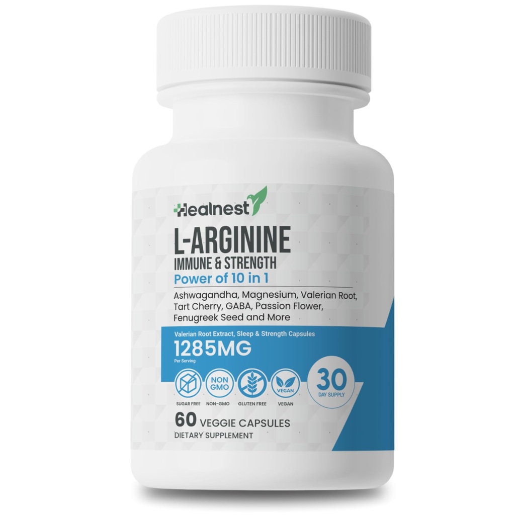 L-Arginine Capsules - 1285MG Blend of Ashwagandha, L-Theanine, Magnesium, GABA, Zinc & Tart Cherry - Non-GMO, 60 Veggie Capsules for Men and Women