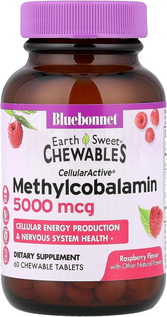 BlueBonnet Nutrition Earth Sweet® Chewables, CellularActive® Methylcobalamin, Raspberry, 5.000 mcg, 60 Chewable Tablets