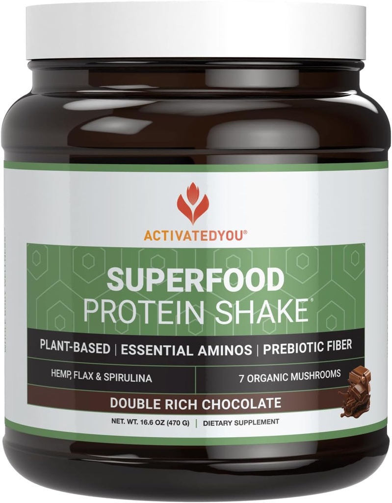ACTIVATEDYOU Superfood Protein Shake -Vegan Plant Protein Powder - 7 perretxiko nahasketa organikoarekin, Spirulina eta GoldRella Chlorella - Muscle Integrity, Chocolate Flavor (15 zerbitzatu) sustatzen du