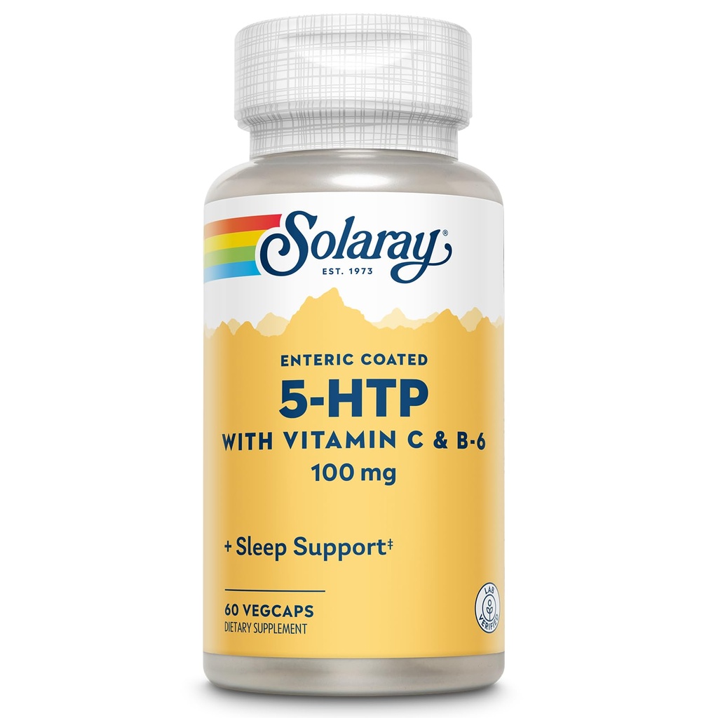 SOLARAY 5 HTP Supplement with Vitamin C & B-6 - Sleep Supplement and Serotonin Synthesis Support - Lab Verified, 60-Day Money-Back Guarantee - 60 Servings, 60 Enteric Coated VegCaps
