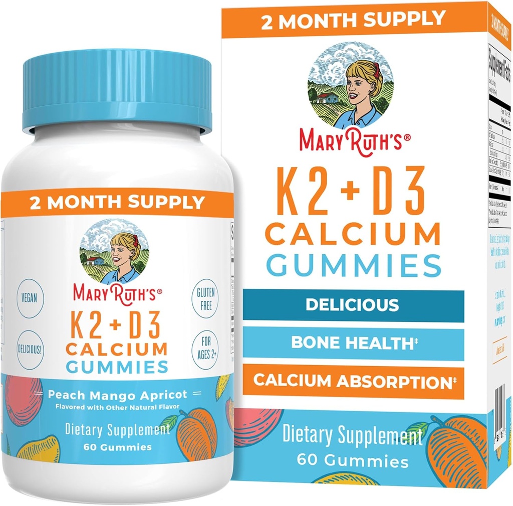 MaryRuth Organics Calcium with Vitamin D " Vitamin K2, Month Supply, Calcium supplement Supports Bone Health " Joint Support, with Vitamins D3 K2 Gummies, Vegan, Non-GMO, Gluten Free, 60 count