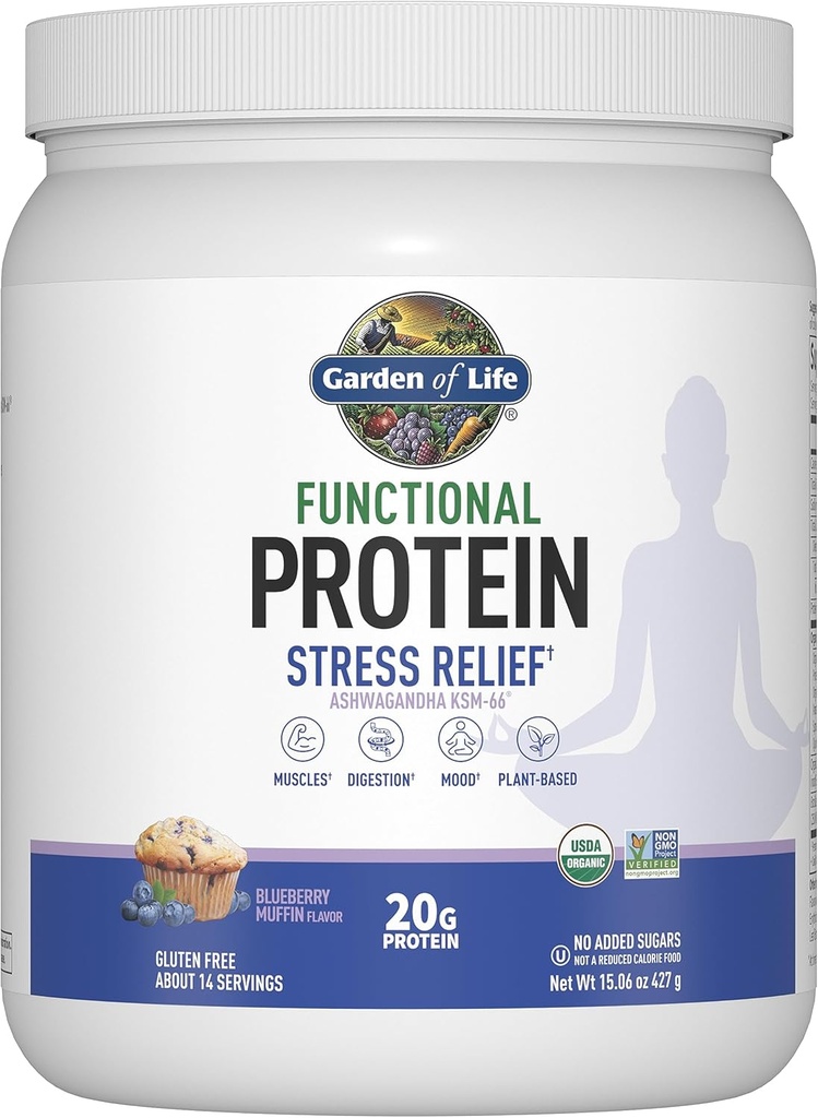 Livets have - Funktionel Protein Stress Relief - 20g Organic Sprued & Fermented Protein Blend - Blåbær Muffin, Mood Blend til Stress Management, Ashwagandha KSM- 66, Vegan - Om 14 Serveringer