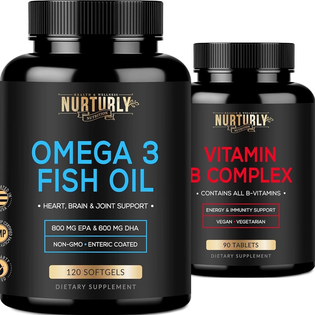 Complejo de vitamina B y aceite de pescado Omega 3 - B Vitaminas B1,B2,B3,B5,B6,B7,B9,B12 y Biotina – Aceite de pescado 2000 mg, 800 mg EPA y 600 mg DHA - Energía, inmunidad, articulación, cerebro y salud cardíaca