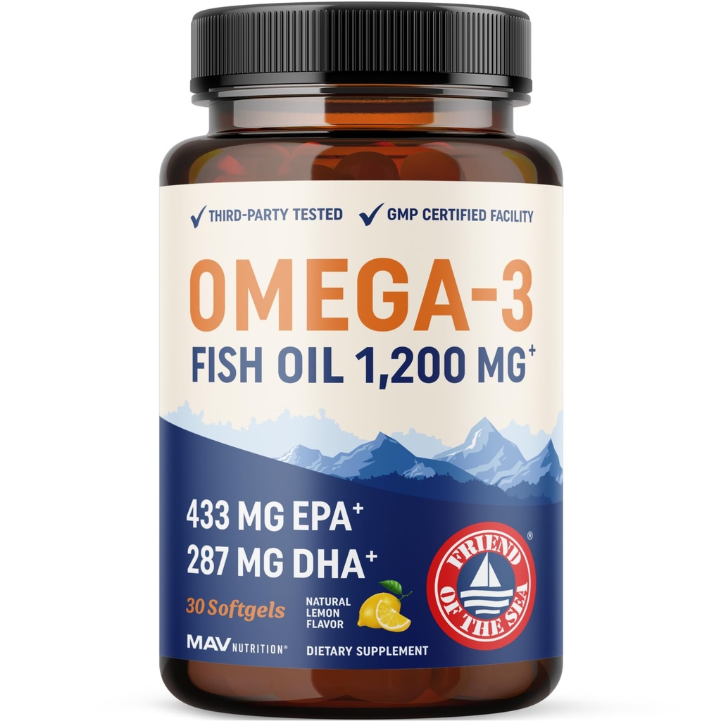 Triple Strength Omega 3 Fish Oil 1200 mg | EPA & DHA | Wild Caught, Sustainably Sourced Omega-3 Fatty Acids | Premium Burpless Fish Oil Supplements | Non-GMO, Third-Party Tested | 30 Softgels