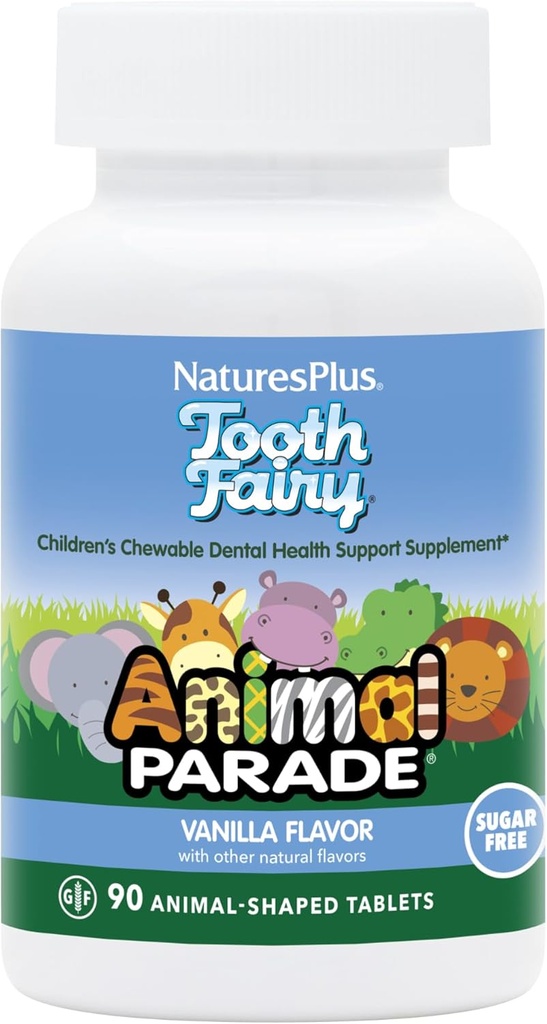 NaturesPlus Animal Parade Tooth Fairy Children's Chewables - Natural Vanilla Flavor - 90 Animal-Shaped Tablets, Pack of 2 - Dental Health Supplement - Vegetarian, Gluten Free - 90 Total Servings