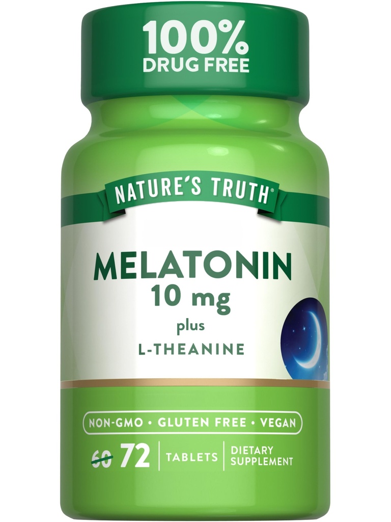 Nature's Truth Melatonin 10 mg + L-Theanine | 72 Tablets | Maximum Strength | Vegan, Non-GMO and Gluten Free Supplement