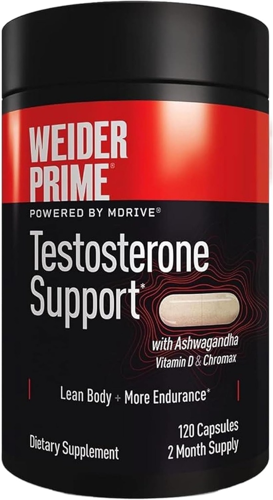 Weider Prime Testosteron Support - Men's Nutrition - angereichert mit Vitaminen & Minerals - mit Ashwagandha, Chromax Chromium, Bioperine & Zink - Glutenfrei - 120 Kapseln