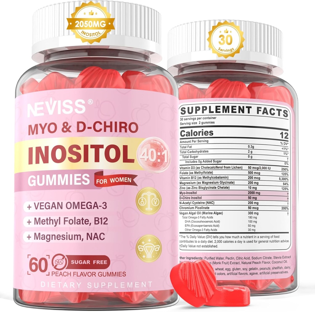 Myo-Inositol & D-Chiro Inositol Gummies Sugar Free, Ideal 40:1 Ratio Inositol Supplement för kvinnor w / Vegan Omega-3, D3, Magnesium, Methyl Folate, B12, Inositol Multivitamin för kvinnors övergripande hälsa