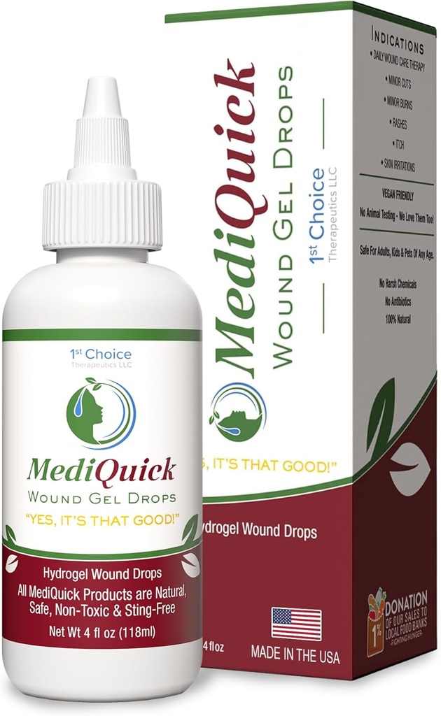MediQuick Skin & Wound Care Hydrogel Drops - Quick Healing First Aid Drops 12 Hours Action to Heal Cuts, Burns, Inflammation, Rash, Itch, Eczema & More - Safe Wound Wash with No-Sting - 4 Fl Oz