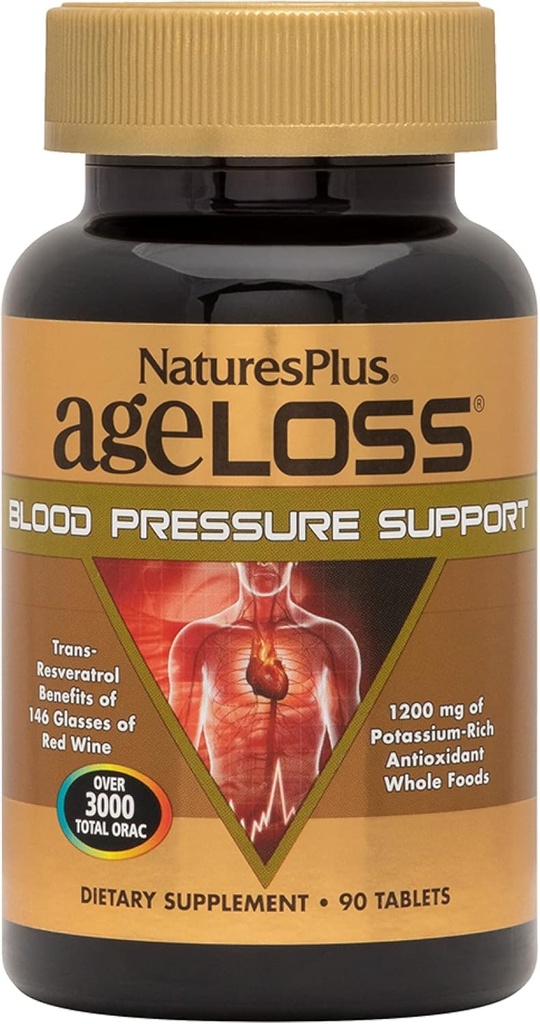 Natures Plus AgeLos Blood Pressure Support - 90 טבליות - עם Trans-Resveratrol & 1200 מ"ג של Whole Foods - Vegetarian, Gluten Free - 30 משרתים