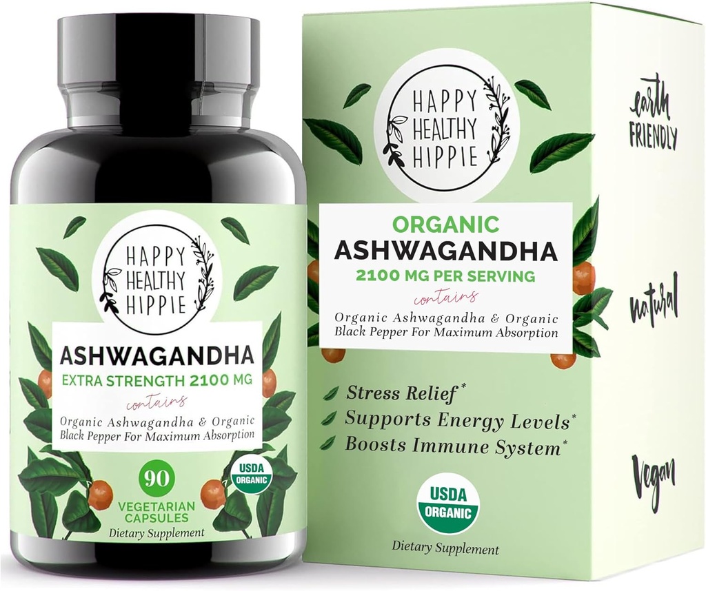 Organic Ashwagandha Capsules 2100mg – Suplemento de alivio de estrés – Fuerza Extra, 100% Herbal, Energy, Mood &amp; Cortisol Manager, Incluye el Pepper Negro para la Absorción Alta – No GMO, 90 Ct