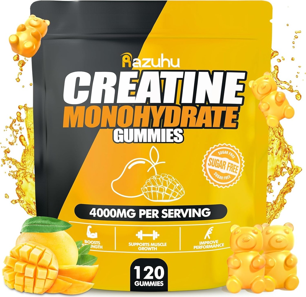 monohydrate Gummies סוכר חינם,Pre Workout תוספי creatine חניכיים עבור נשים וגברים, Gym תוספי, Supports שרירים צמיחה,Recovery,Strength, Energy Boost (120 Count)-Mango