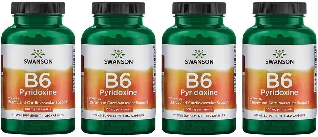 Swanson B6 Pyridoxine - Vitamin Supplement Promoting Cardiovascular Health & Energy Metabolism - Natural Formula Promoting Overall Wellness - (250 Capsules, 100mg Each) (4 Pack)