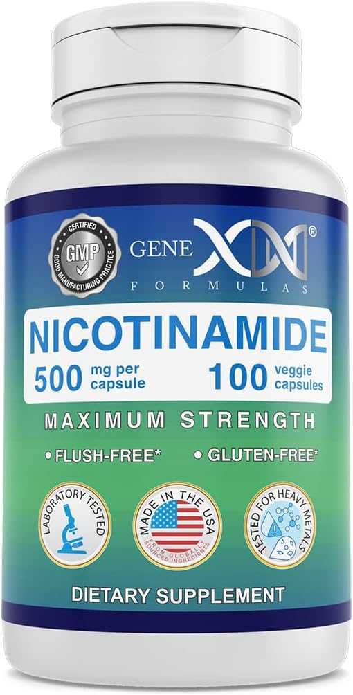 Genex Formulas - Nicotinamide 500mg Витамин B3 Flash Free Ниацин капсули за здрава кожа - Ниацинамид Добавки Хапчета Помощ Изработка Кератин & Поддръжка на здравето на клетките на кожата - (100 капсули)