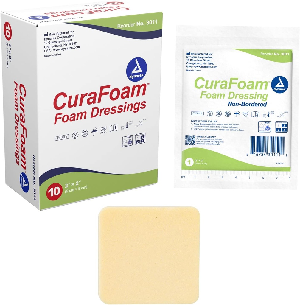 Dynarex 3011 CuraFoam Foam Dressing, Non-Bordered, Sterile, Provides Cushioned and Moist Wound Care, 2" x 2", Συσκευασία των 10