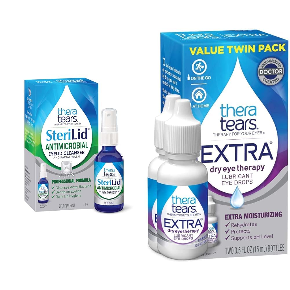 TheraTears Extra Dry Eye Therapy Lubricating Eye Drops for Dry Eyes, 0.5 fl oz Bottle, 2 Count & SteriLid Eyelid Cleanser and Face Wash, for irritated eyes, 2 fl oz Spray