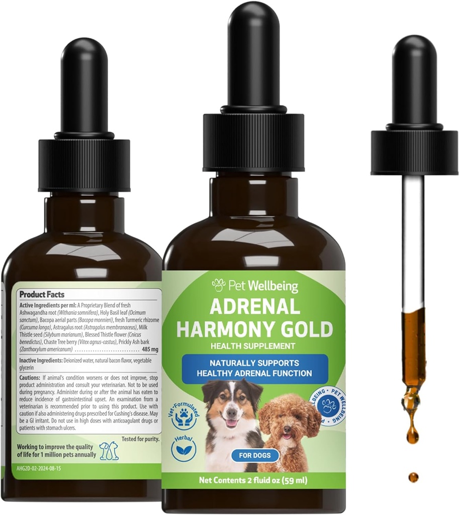 Kjæledyr velvære Adrenal Harmony Gold for hunder - Vet-formulert - støtter sunn adrenal funksjon, normale kortisol nivåer, sunn tørrhet og vekt – Holistisk Supplement – 2 oz (59 ml)