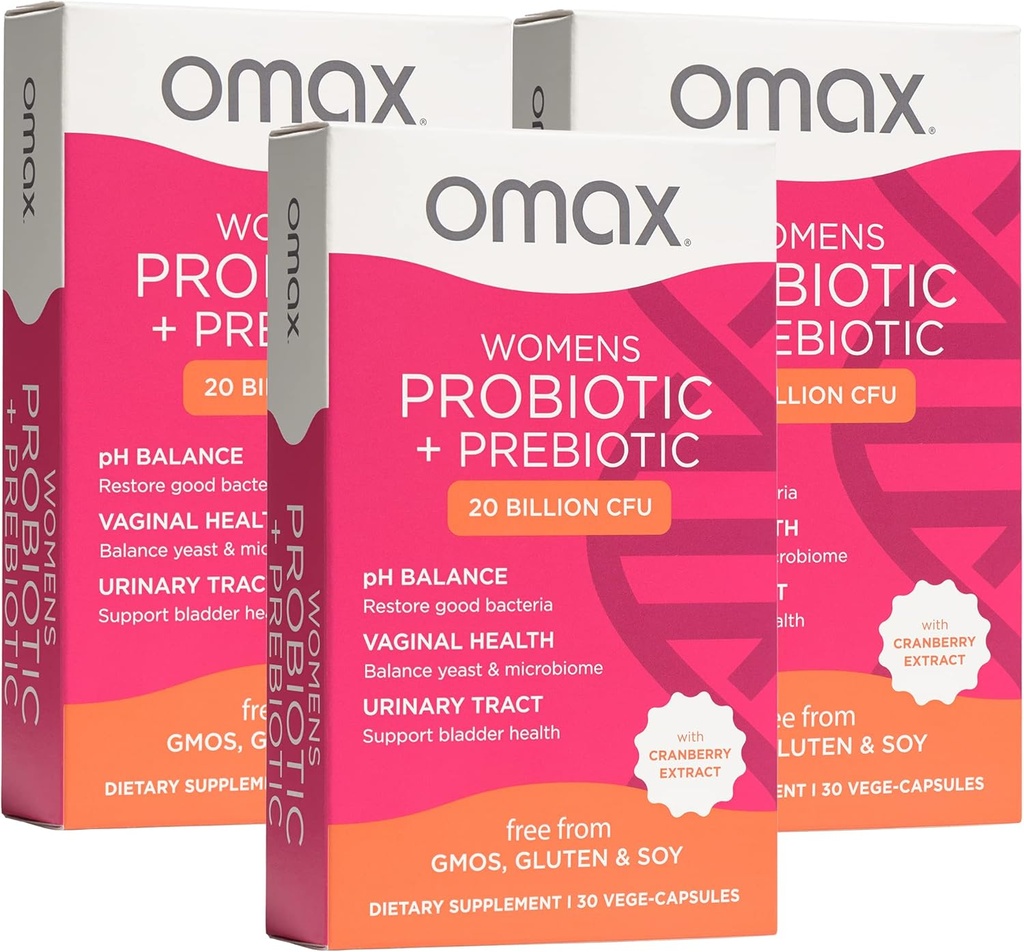 Omax3 Womens Probiotic + Prebiotic, Cranberry & Chicory Root, 20 Miljard CFU, 6 Klinisch bewezen strains, Vaginale pH, UTI, Bloating, (Verpakking mei Vary) 90 Vege Capsules (3 Dozen)
