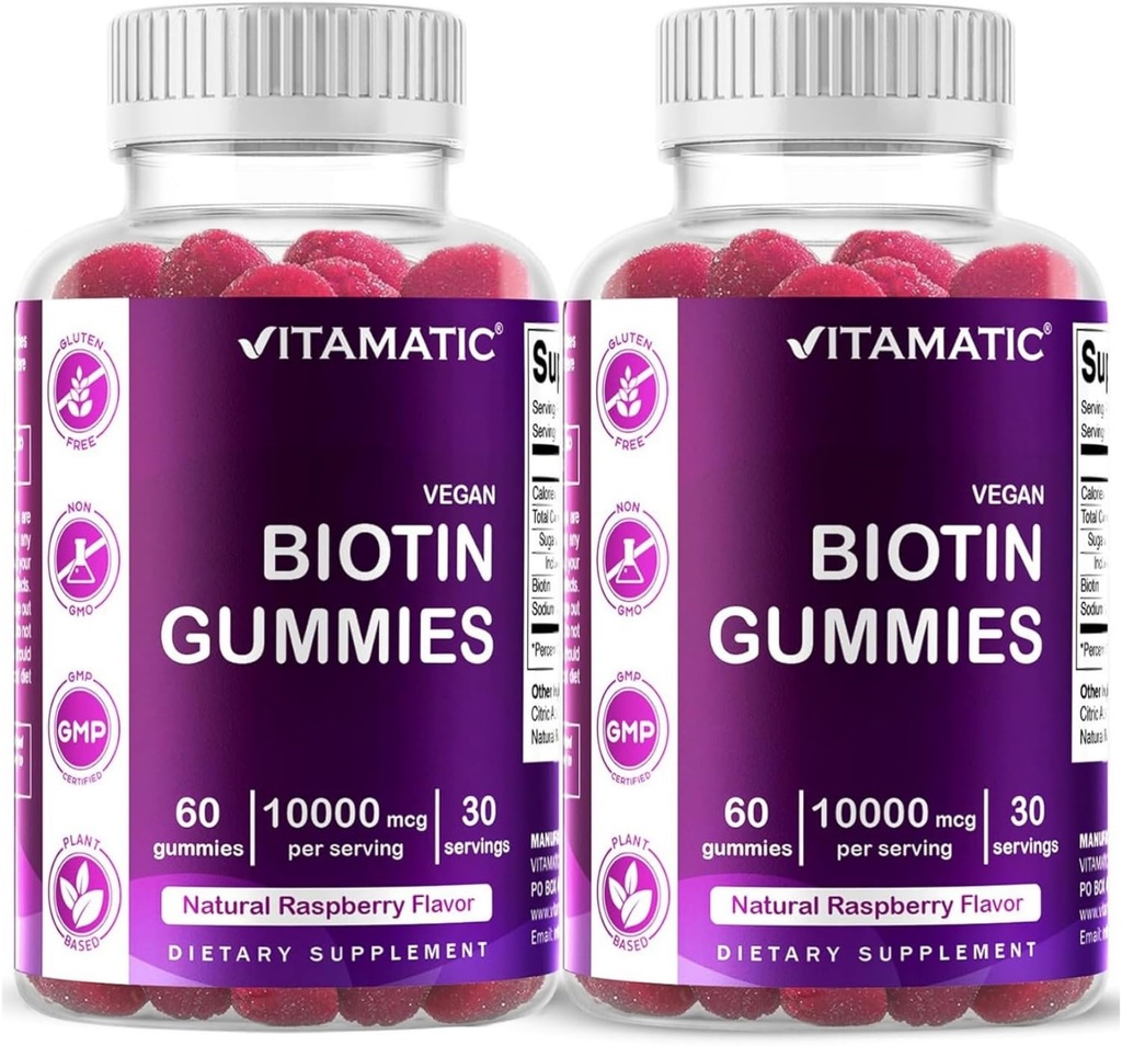 Vitamatic Biotin Gummies 10,000 mcg for Stronger Hair, Skin & Nails - 60 Vegan Gummies - Also Called Vitamin B7 (2 Bottles)