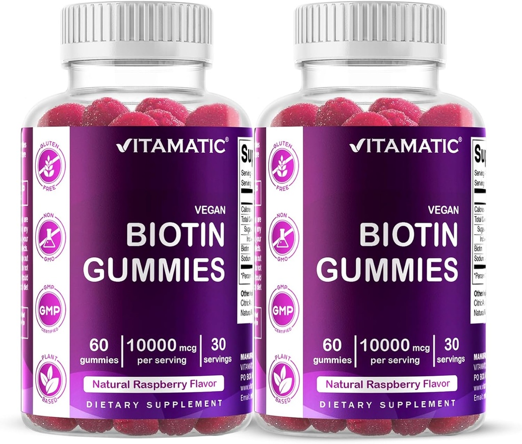 Vitamatic Biotin Gummies 10.000 mcg voor Sterker haar, huid en nagels - 60 Veganistische Gummies - ook wel vitamine B7 (2 flessen)