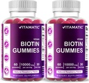 Vitamatic Biotin Gummies 10,000 mcg for Stronger Hair, Skin & Nails - 60 Vegan Gummies - Also Called Vitamin B7 (2 Bottles)