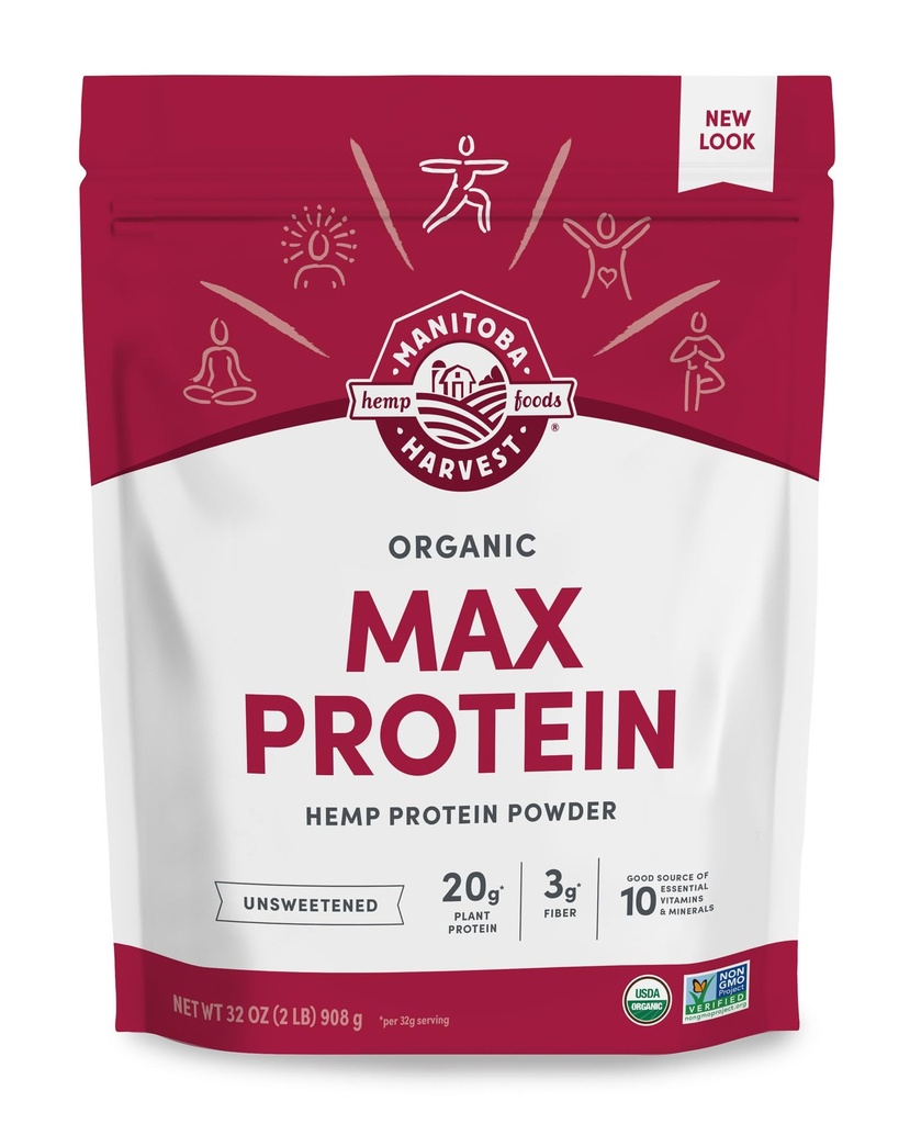 Manitoba Harvest Organic Max Protein Powder, Unsweetened, 32 oz | 20 g Protein and 4.5 g Omegas 3 and 6 per 32 g Serving, Keto-Friendly, Preservative-Free, Non-GMO, Packaging May Vary