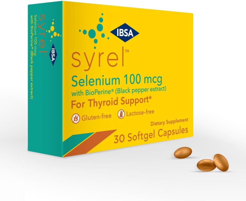 Syrel - Suplemento de suporte da tireóide – 100mcg Selênio e 5mg BioPerine - 30 tampas de gel macio para aumentar a biodisponibilidade e absorção - sem glúten, livre de lactose, livre de açúcar, não-GMO
