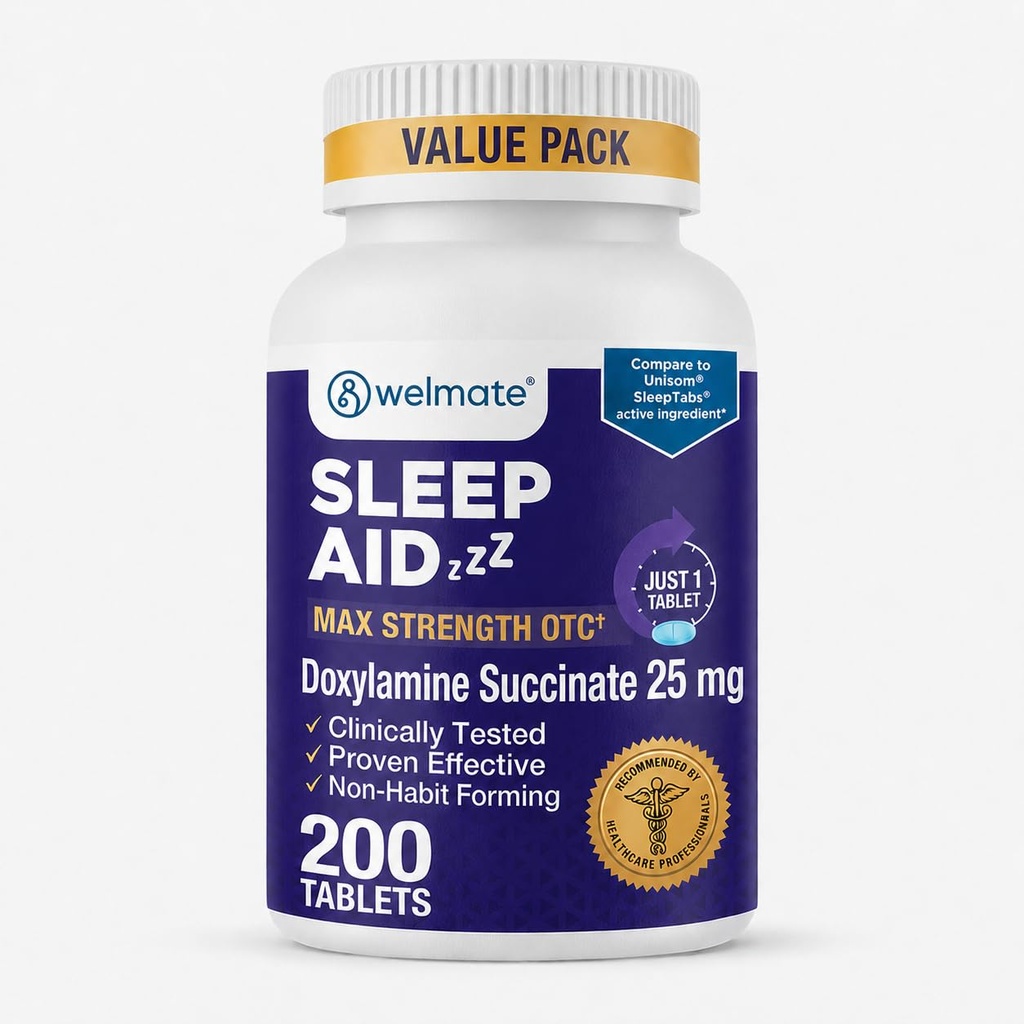 WELMATE Sleeping Pills for Adults - Doxylamine Succinate 25mg Nighttime Sleep Aid Tablets, 200 Count - Non-Habit Forming, Fall Asleep Faster, Maximum Strength Sleep Pills
